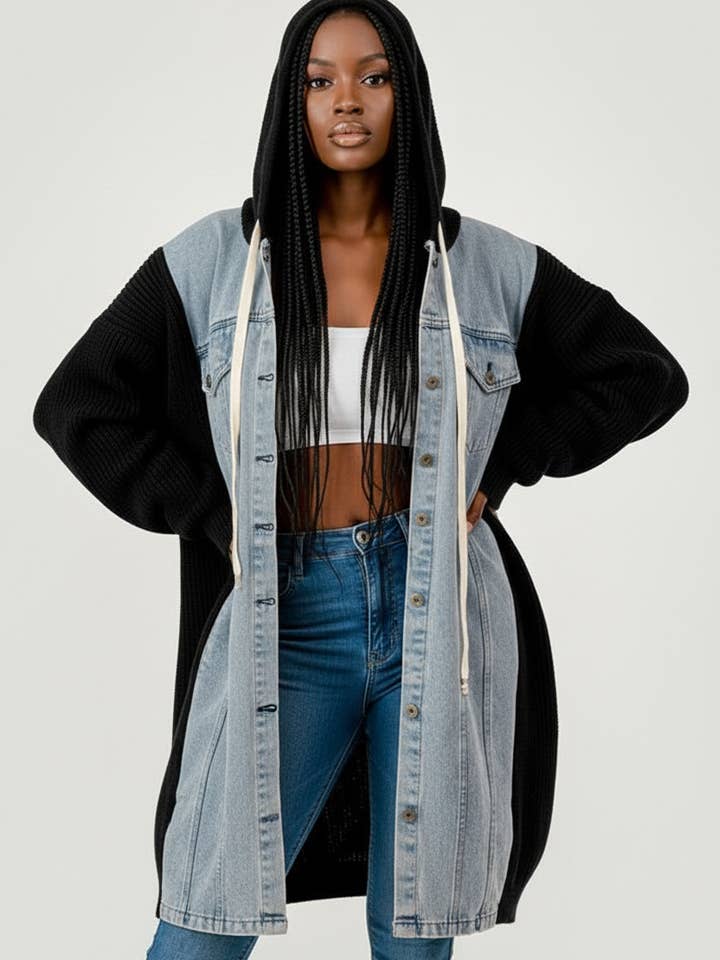 GIACCA LUNGA A BLOCCHI DI COLORE IN DENIM E MAGLIA per la vendita all'ingrosso da parte di 5besties inc