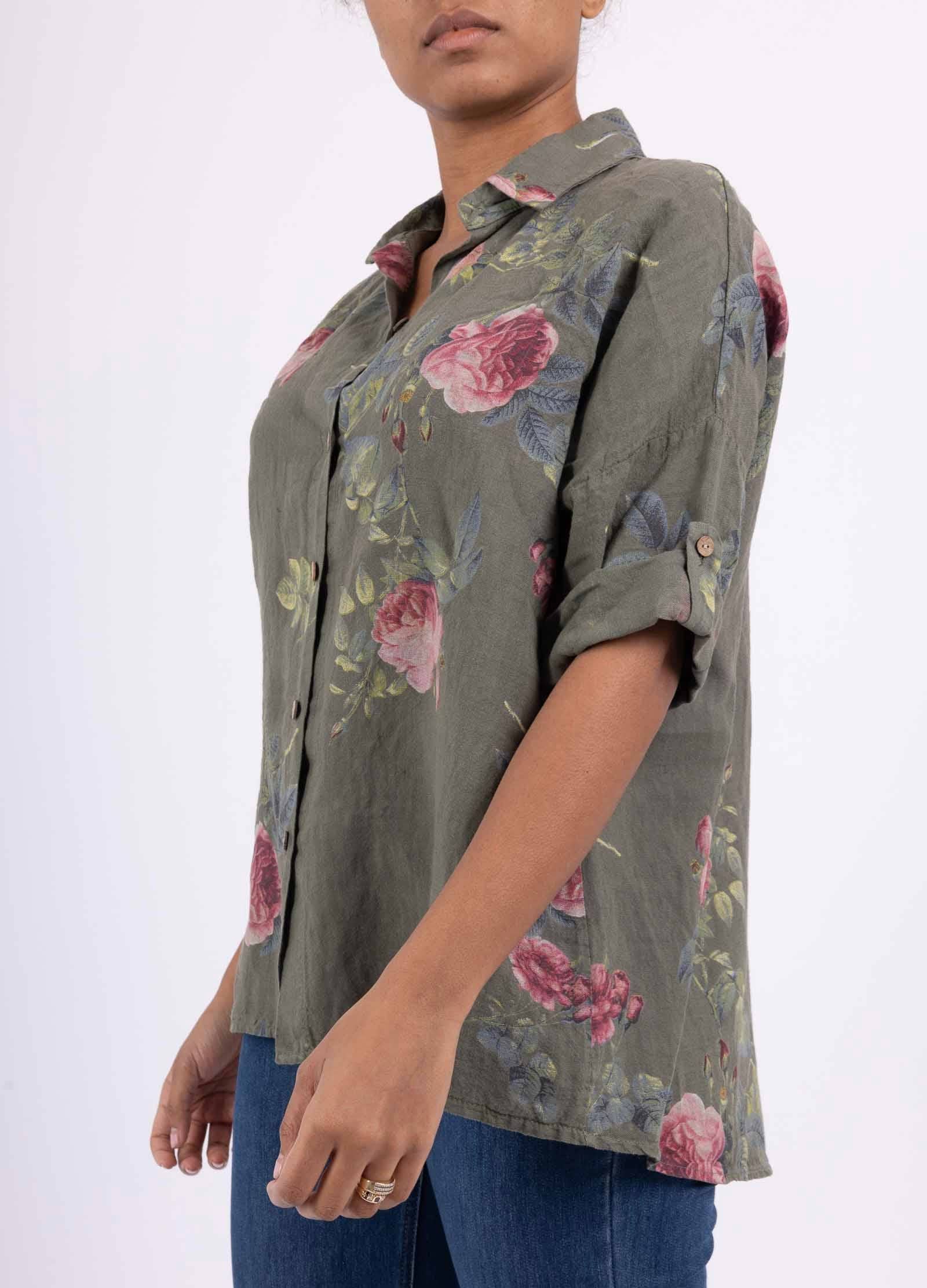 LINEN & COTTON HOUSE – Engroshandel Skjorte med buttondown – til kvinder – Tunika i 100% hør med blomsterprint 523514