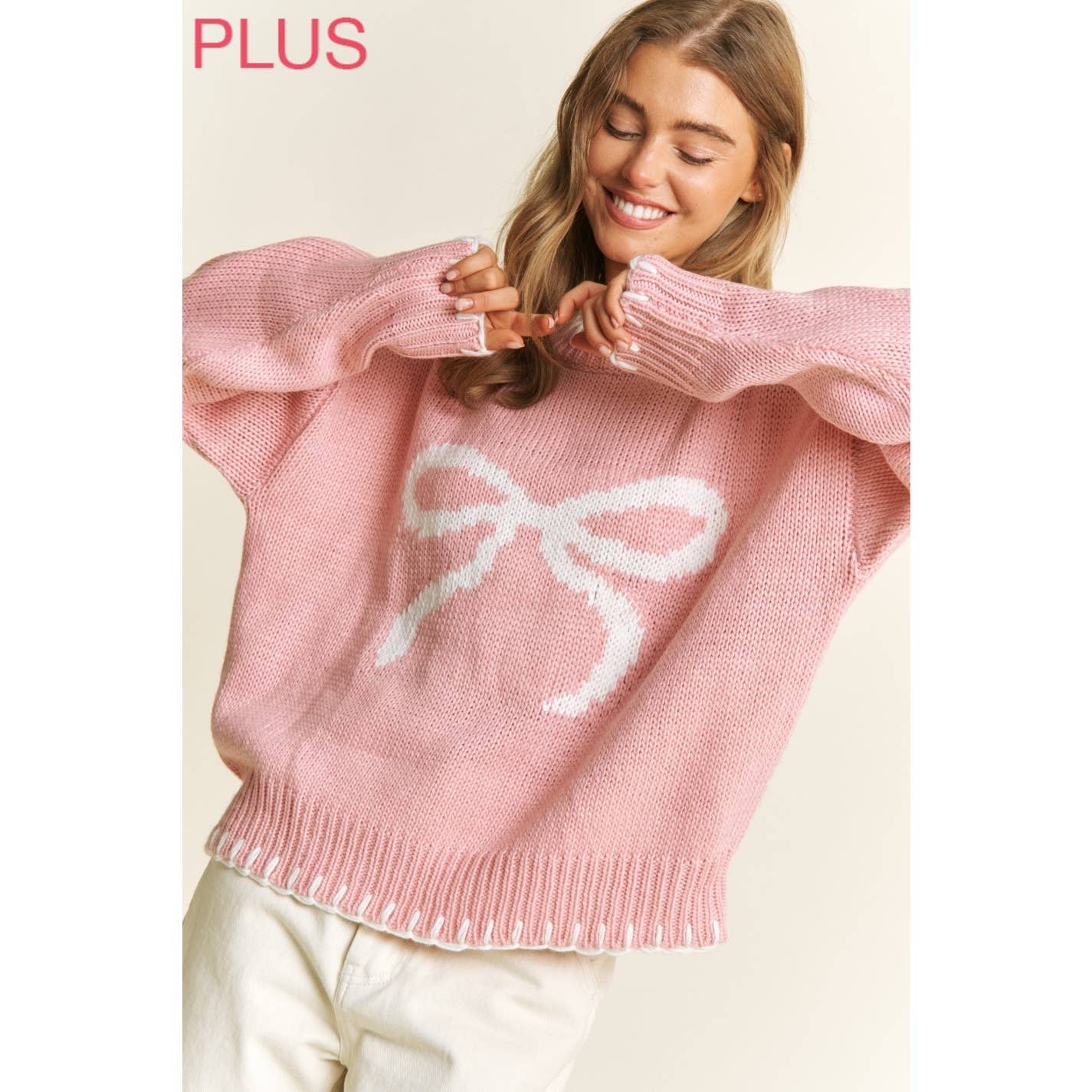 Sweet Generis – wholesale Knitted jumper – Women′s – PLUS HOLIDAY BIG BOW SWEATER PULLOVER WITH CONTRAST EDGE STI18