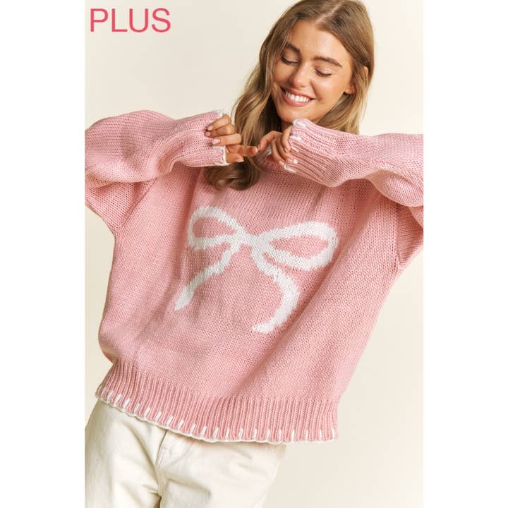 Sweet Generis - Wholesale Knit Sweater - Women's - PLUS HOLIDAY BIG BOW SWEATER PULLOVER WITH CONTRAST EDGE STI18