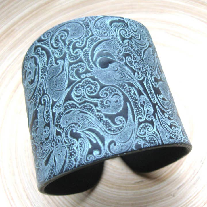 Black Cuff Bracelet, Asian Style Ornate Paisley Design for wholesale by Tea House Designs