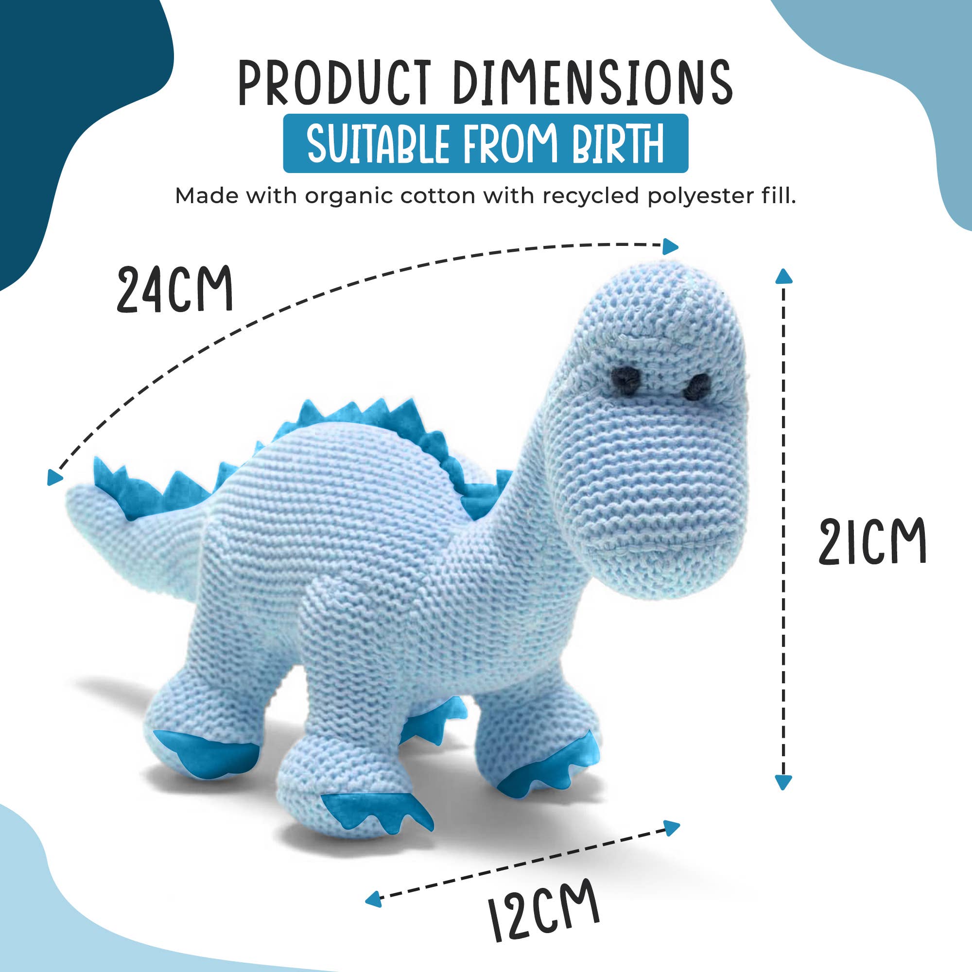 Best Years Ltd – wholesale Handheld rattle – Baby – Knitted Organic Cotton Blue Diplodocus Dinosaur Baby Rattle1