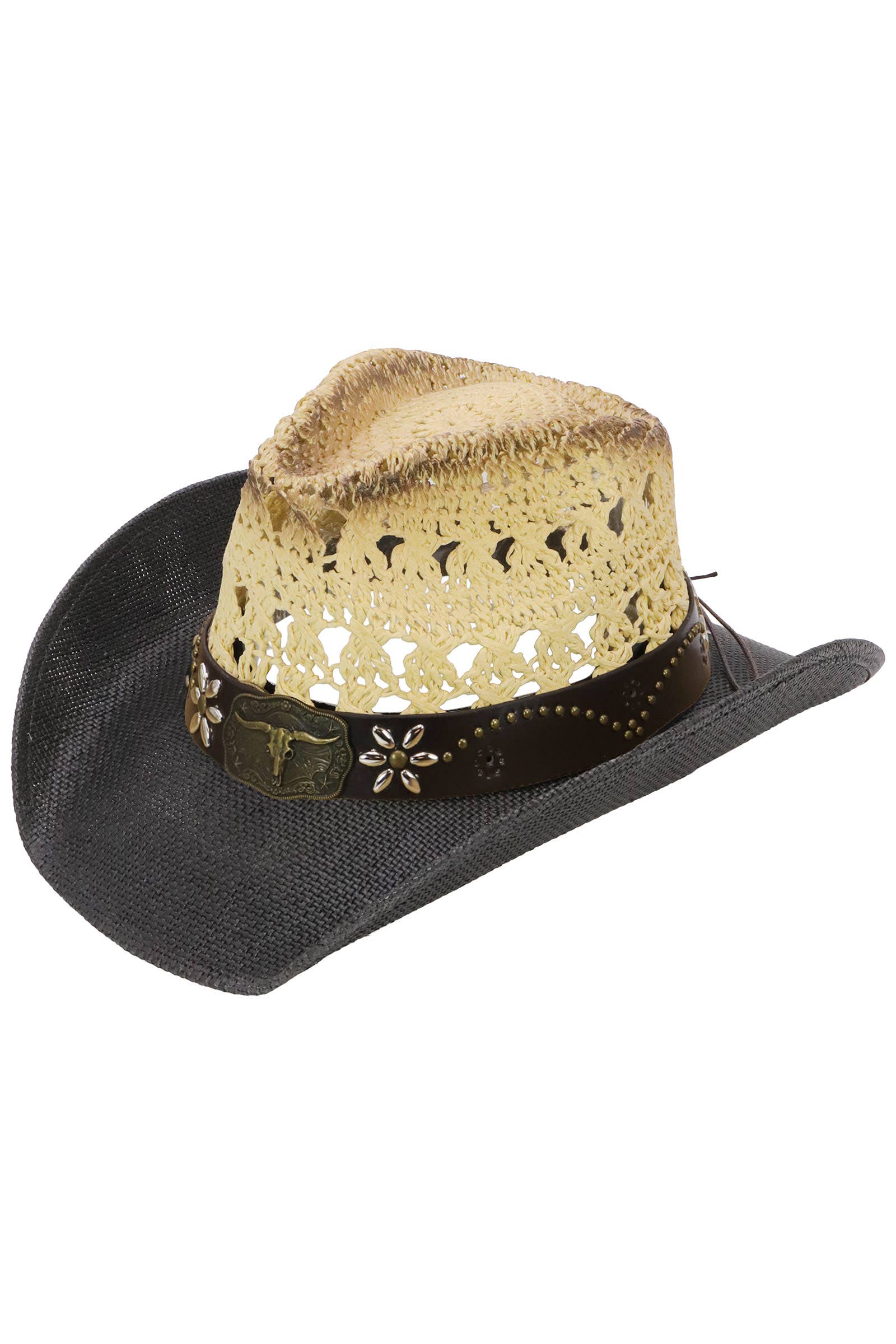 Cap Zone - Vente Chapeau de cowboy – femme - Chapeau de cowboy avec ceinture cloutée et emblème de longicorne floral1