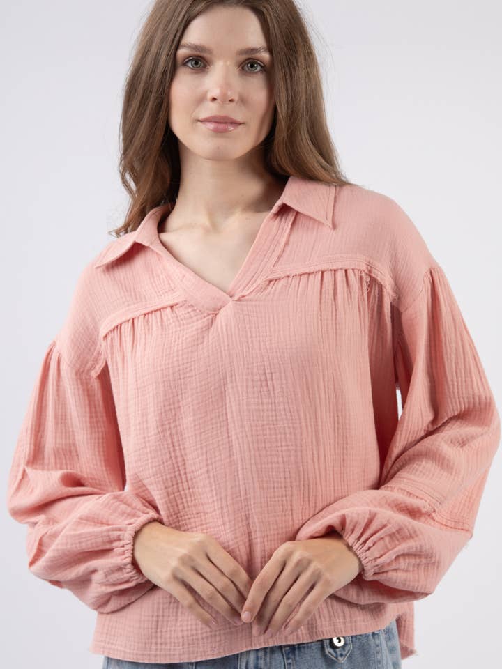 VERY J - Wholesale Blouse - Women's - NT11416-Oversized Cotton Gauze Woven Shirt Top