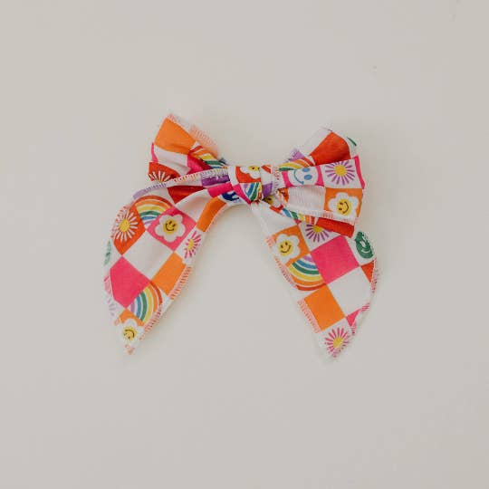Golden Dot Lane - Wholesale Hair Bow - Kids - Rainbow Happy Summer Colorful Checkered Print 4" Serged Cott