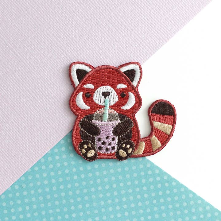 Bubble Tea Red Panda Iron On Patch (For Jeans / Jackets) for wholesale by Wild Whimsy Woolies