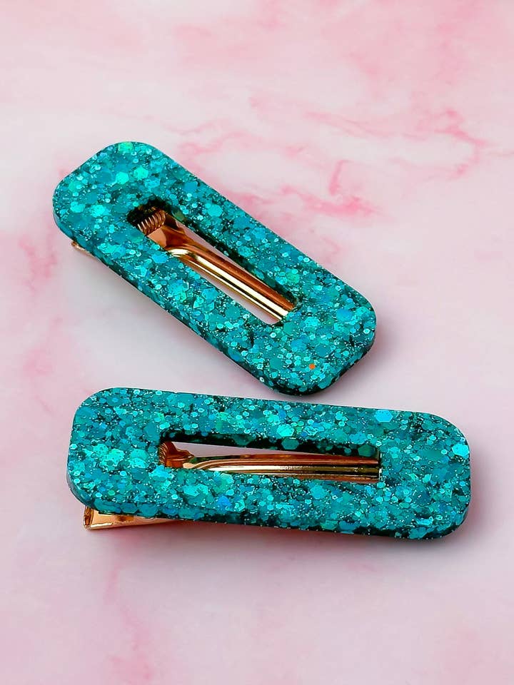 Teal - Blue Oblong Glitter Resin Hair Clips for wholesale by ThatsSewLauraUk