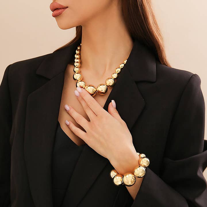 ACCITY - Wholesale Jewelry Set - VINTAGE MINIMALIST LARGE BEADED NECKLACE BRACELET_CWAJE11721