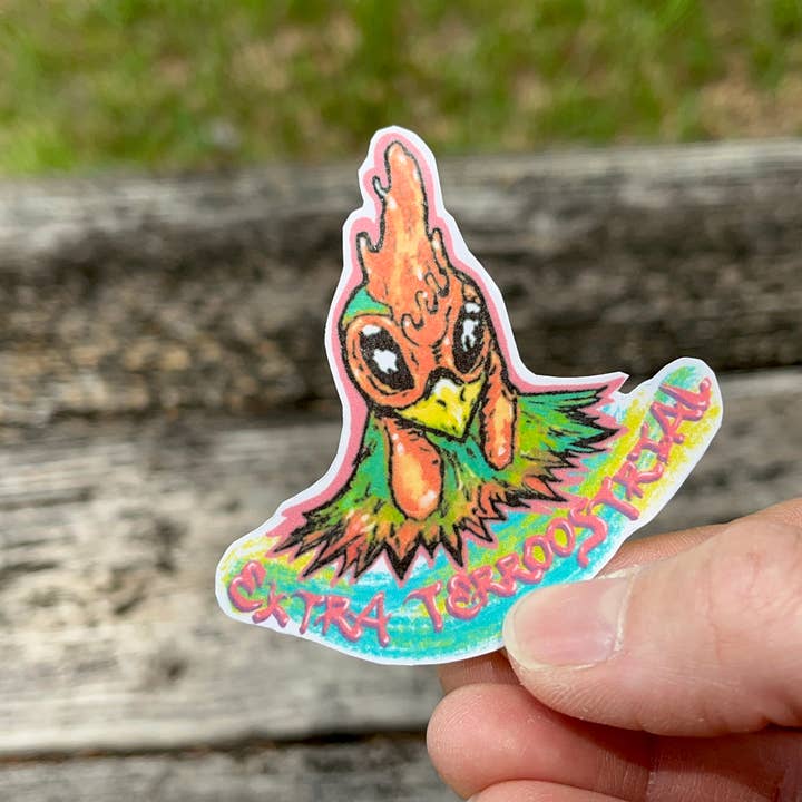 The Empathetic Chicken - Wholesale Phone & Laptop Stickers - Extra Terrestrial Alien Rooster Chicken Die Cut Sticker1