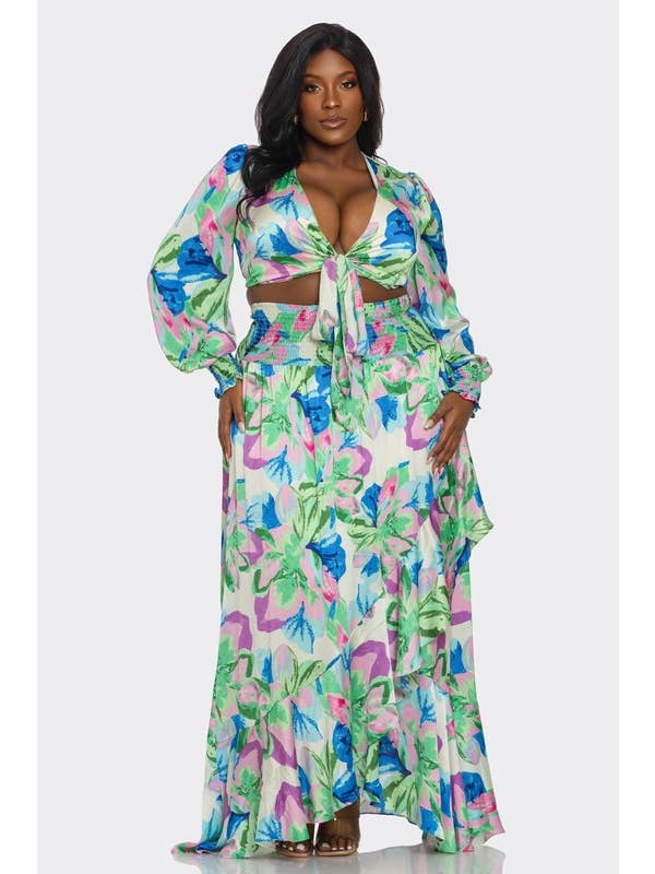 BANJUL - Wholesale Dress - Women's - BCCTD44578 PLUS 2Pc Printed Ultra-Short Tops & Maxi Dress