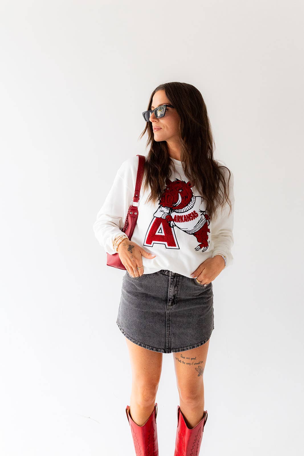 WHITE Arkansas Mascot Chenille Comfort Crew for wholesale on Faire0