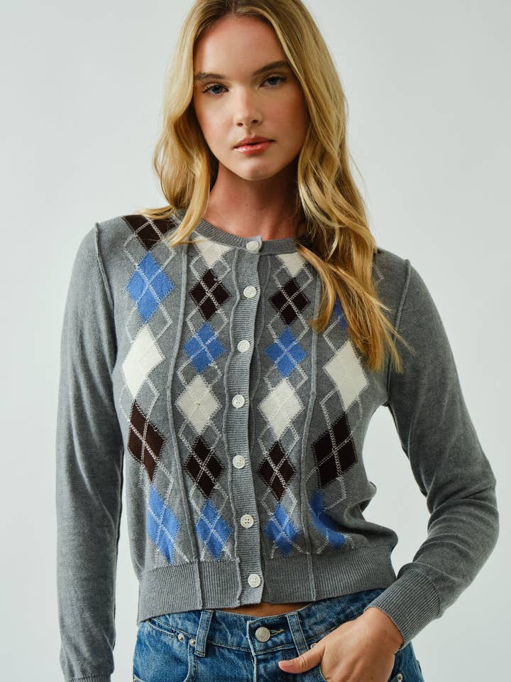 AJT5092 RELAXED FIT ARGYLE SWEATER CARDIGAN for wholesale by Aaron & Amber