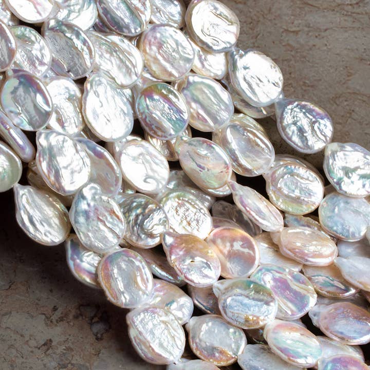 18x14mm Off White Flat Oval Coin Pearls 15 inch 21 beads for wholesale by The Bead Traders