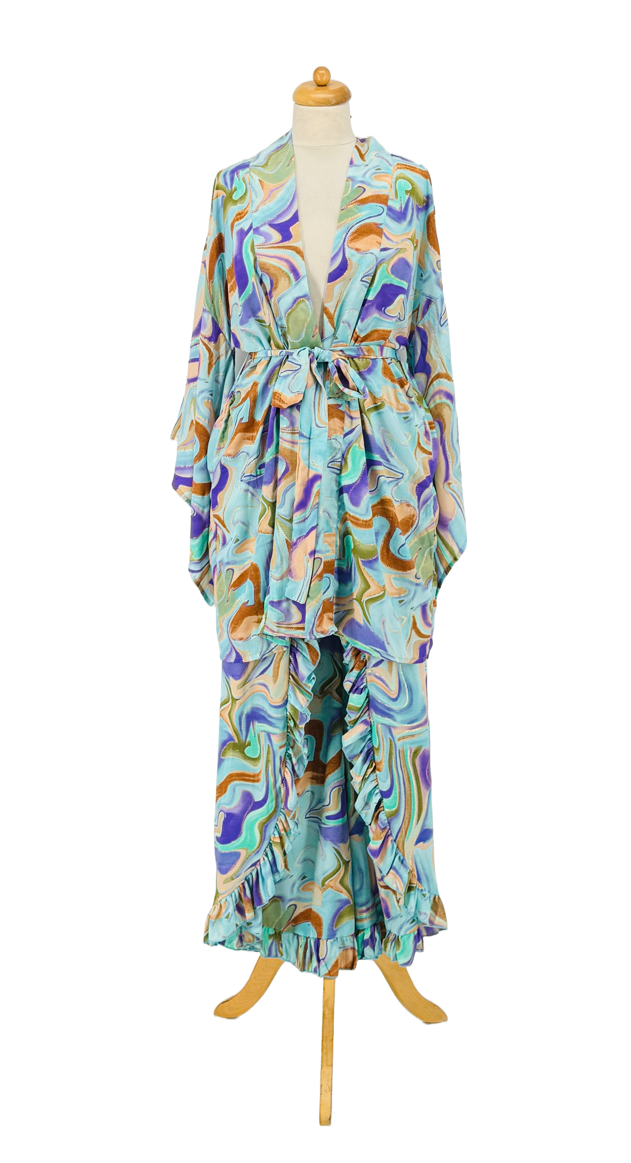 (BLEU - ROSE - VERT) Kimono court en soie froide à imprimé abstrait en vente sur Faire5