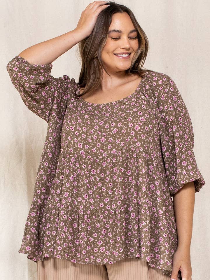 Plus Size Tiny Floral Estampado Quadrado Tampo Decote por atacado de CC Wholesale Clothing