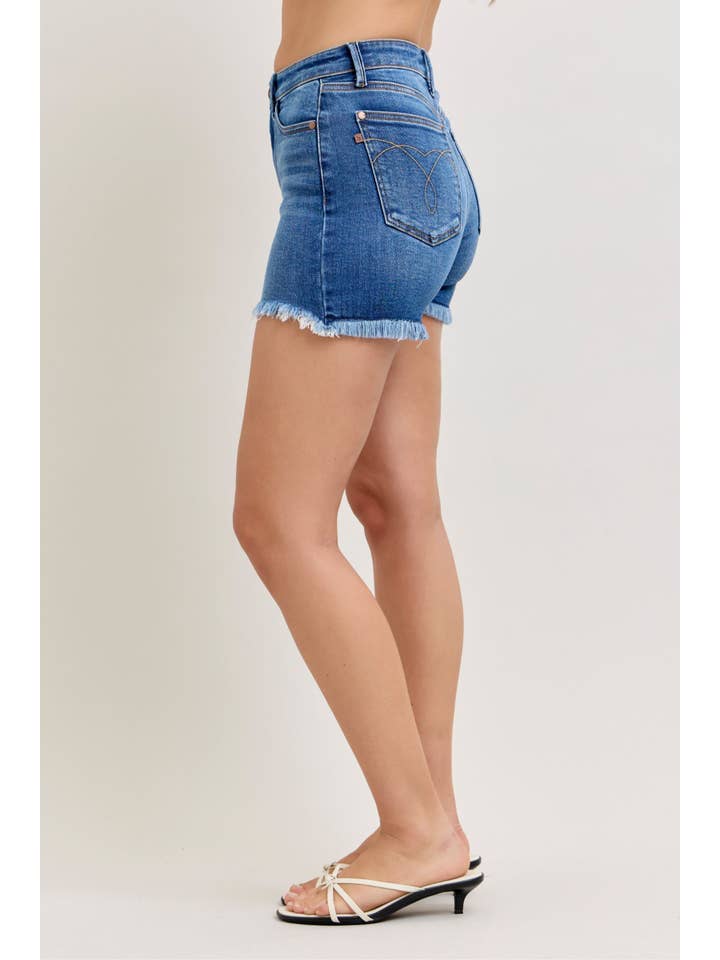 Watermelon Apparel - Wholesale Shorts - Women's - Judy Blue High Waist Dark Wash Slim Fray Shorts4