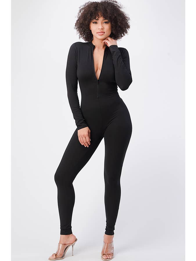 Lime All the Time - Wholesale Jumpsuit - Women's - Half Zip Solid Long Sleeve Bodycon Jumpsuit