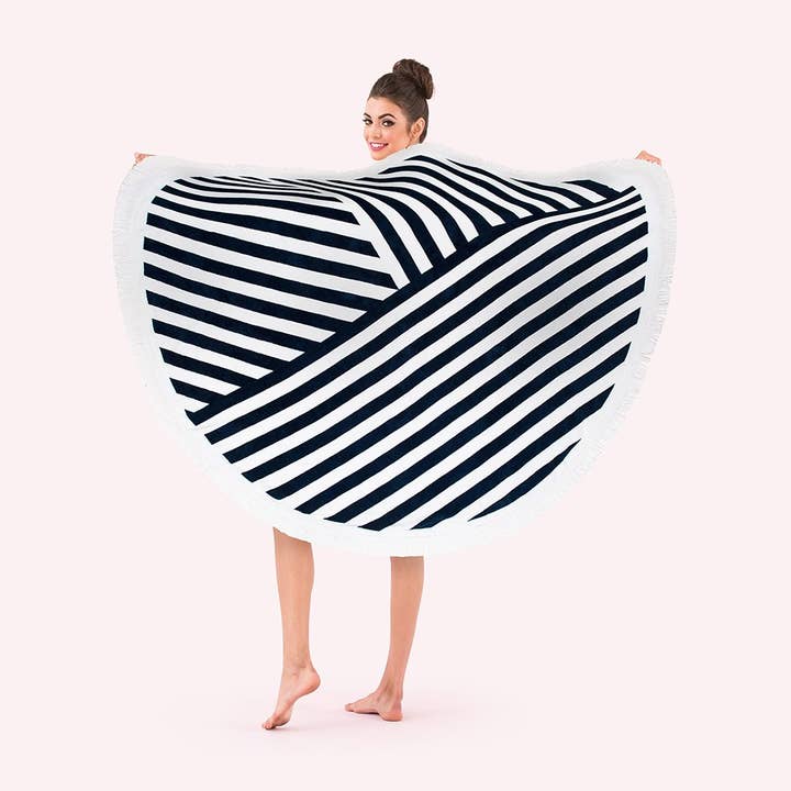 Weddingstar Inc. - Wholesale Beach Towel - Round Beach Towel - Navy Blue And White Geometric Striped4
