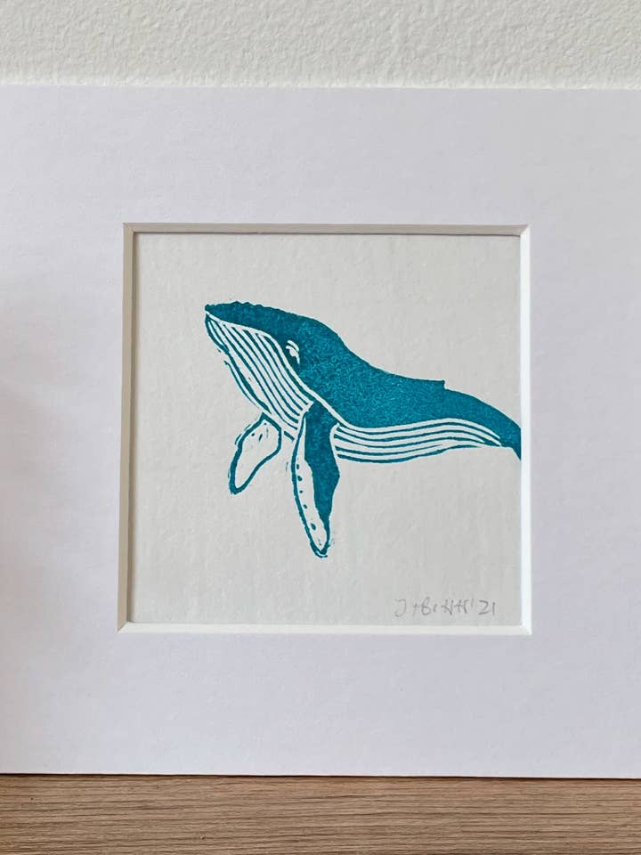 Humpback Whale calf original mini linocut print for wholesale by Jackdaw and Bear