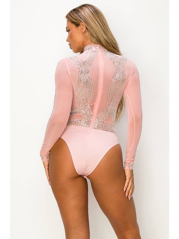 Mauve BCCBS44102 Rhinestone Mesh Long Sleeve Bodysuit - Sale for wholesale on Faire