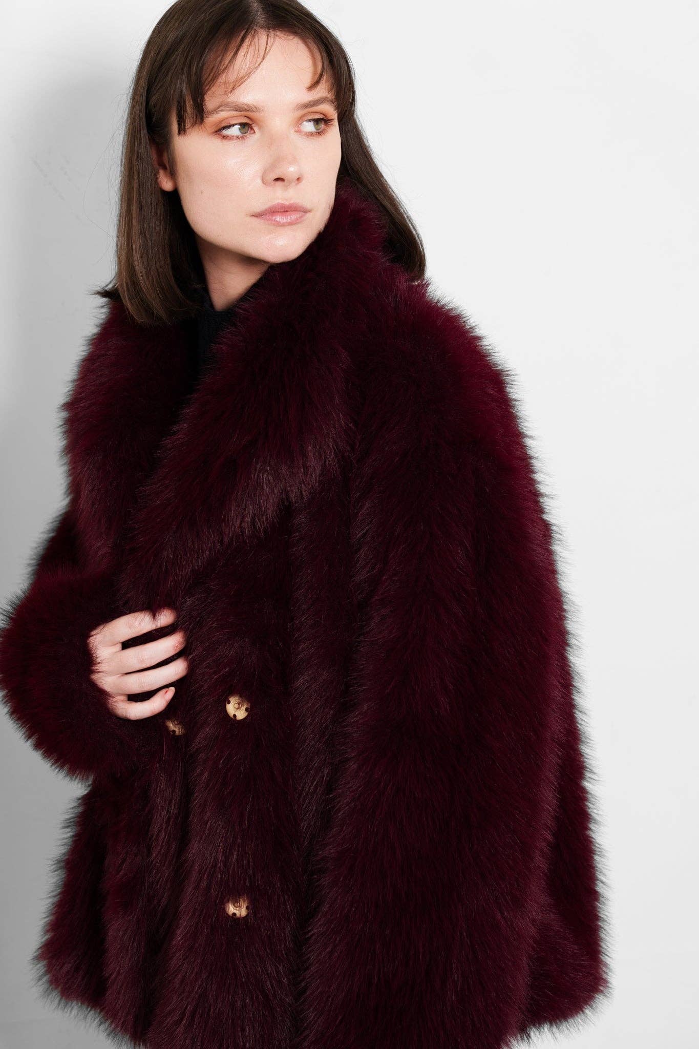 Sarta - Wholesale Fur/Faux Fur Coat - Women's - Monroe Shawl Collar Jacket- Berry, Faux Fur1
