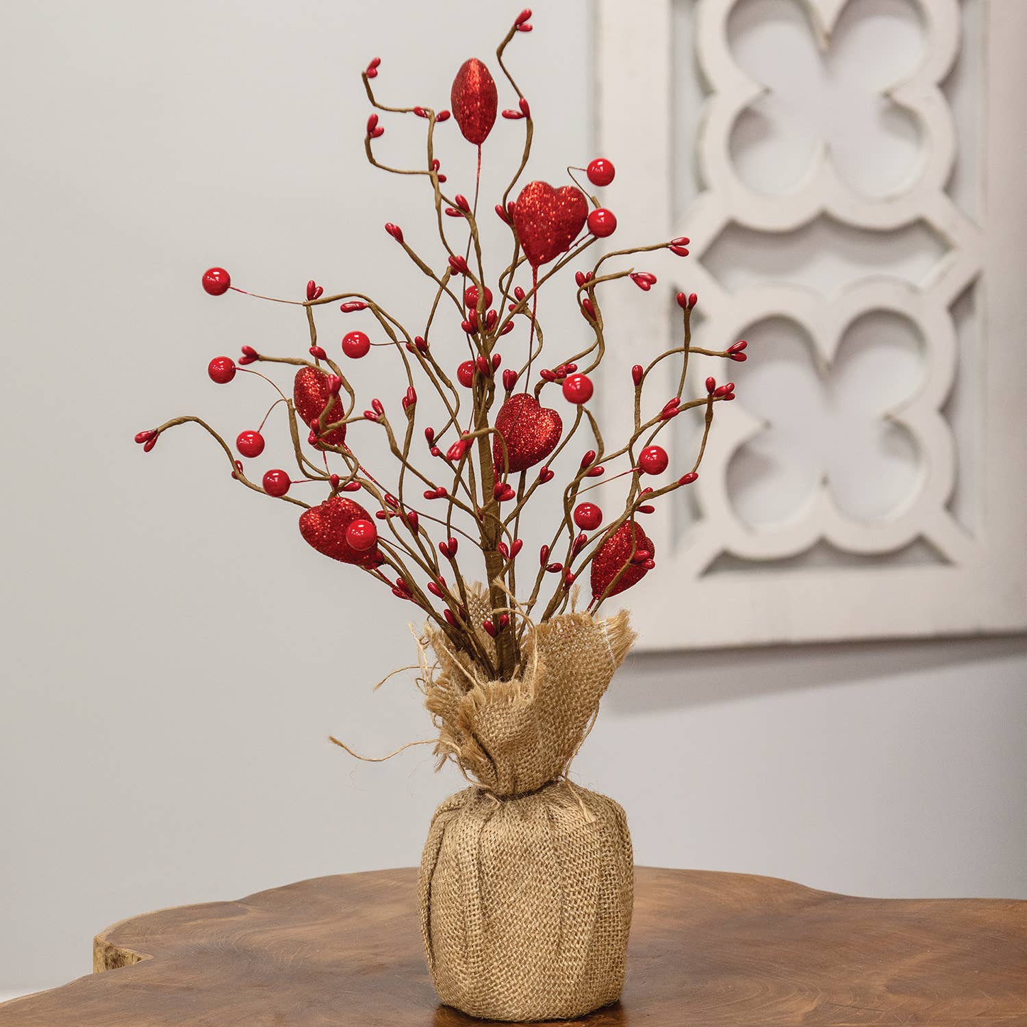 Col House Designs - Wholesale Decorative tabletop object - Red Glitter Heart & Berries Tree w/Burlap Base - 17"H1