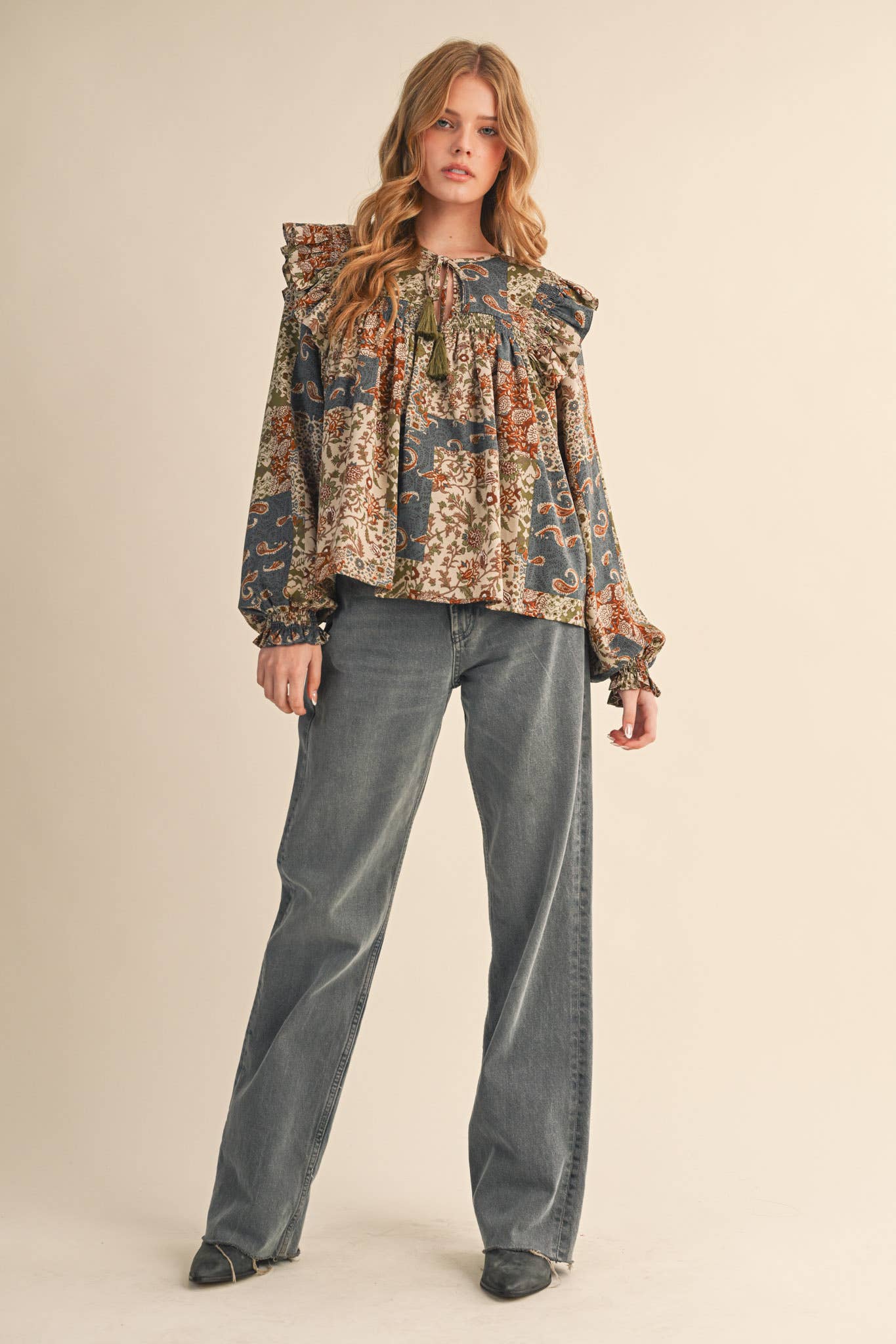 &MERCI - Wholesale Blouse - Women's - PATCHWORK PRINT SMOCKED RUFFLE BLOUSE MTP435028