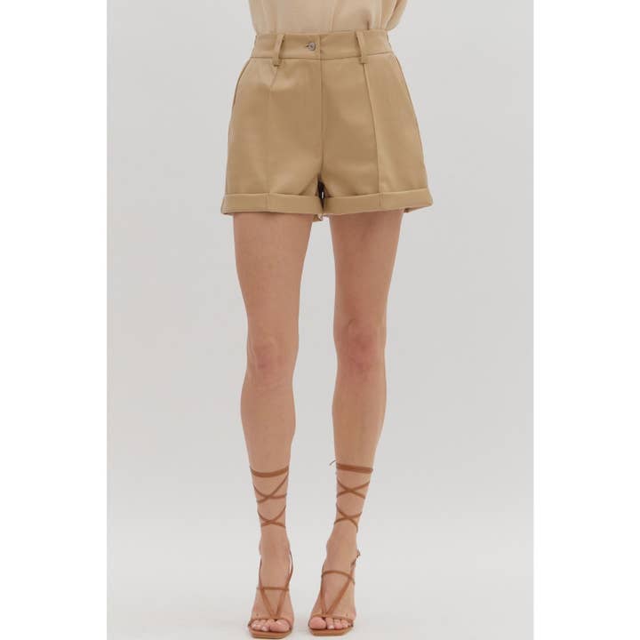 Solid cuff hem faux leather pintuck shorts for wholesale by STYLE USA