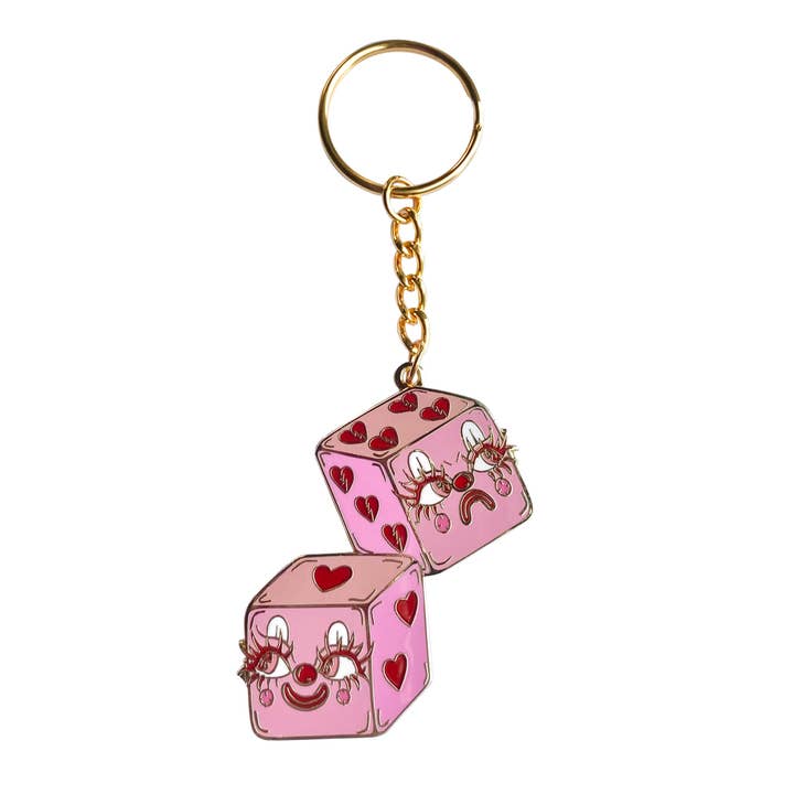 Porte-clés Cutie Heart Dice en métal doré pour la vente par Creepy Gals