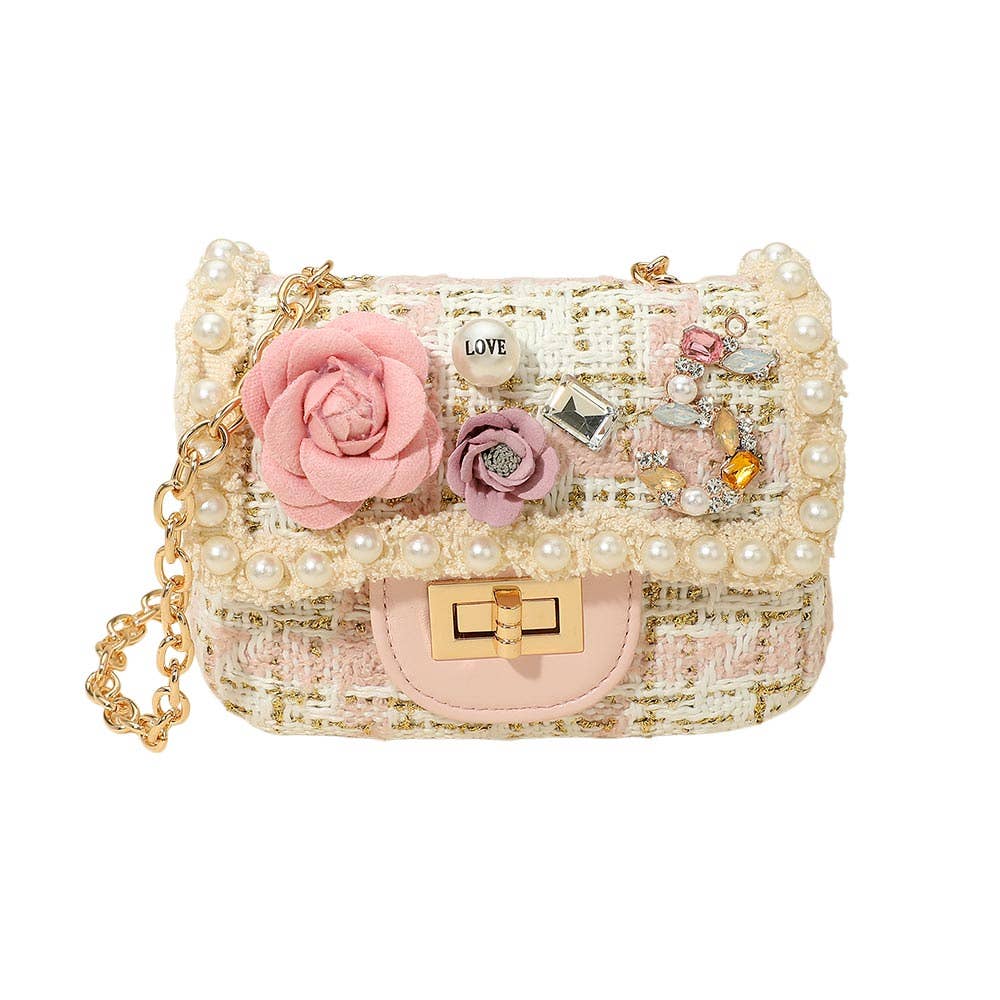 Sensibling Corp. - Wholesale Crossbody Bag - Women's - Floral Pearl Stone Cluster Embellished Tweed Mini Handbag / Crossbody Bag1