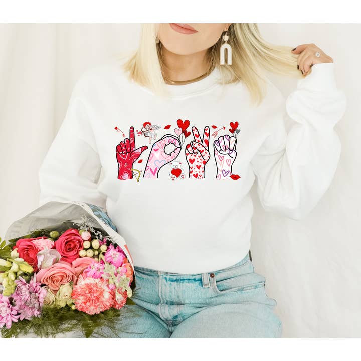 White Sweatshirt with Sign Language 'Love' Design for wholesale by Penguins and Pineapples