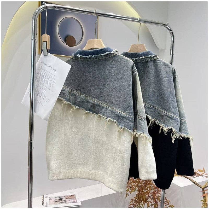 Sheer Trend - Vendita all'ingrosso Cardigan - Donna - Cappotto Cardigan Maglione Patchwork in Denim3