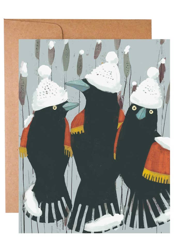 Snow-Capped Red-Winged Blackbird Winter Bird A2 Card for wholesale by Ginger G. Art