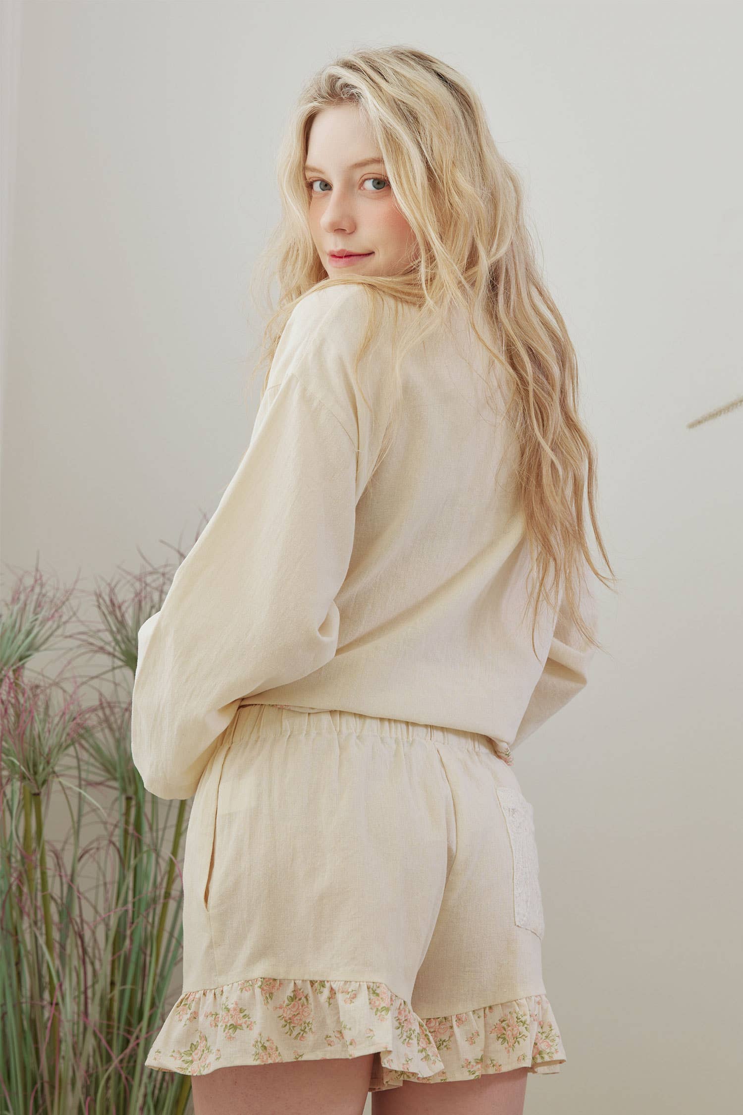 Beige Boho Frilled Floral Crochet Patchwork Pants for wholesale on Faire1