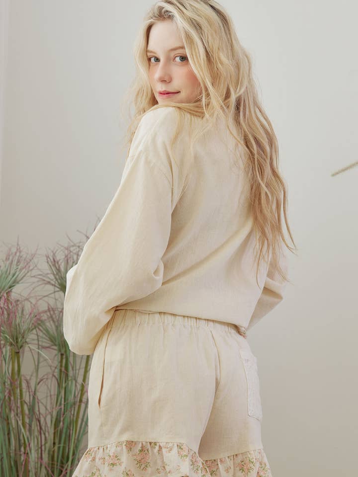 Beige Boho Frilled Floral Crochet Patchwork Pants for wholesale on Faire1