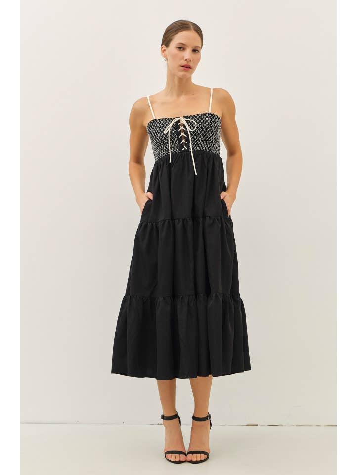 idem ditto - Wholesale Dress - Women's - SPECIAL CONTRAST SMOCKED TIERED MIDI DRESS