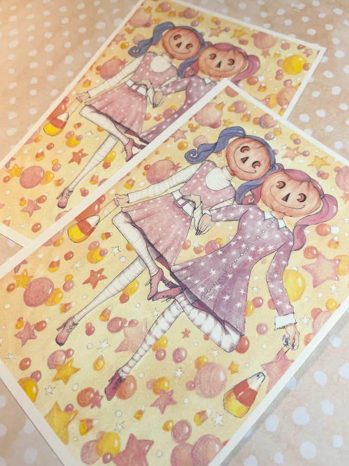 Imprimés de citrouilles pour filles, décoration artistique effrayante, décoration d'Halloween, amis sorciers, décoration vintage, peinture d'Halloween, art mural de sorcière vintage pour la vente par Melissa the Artist