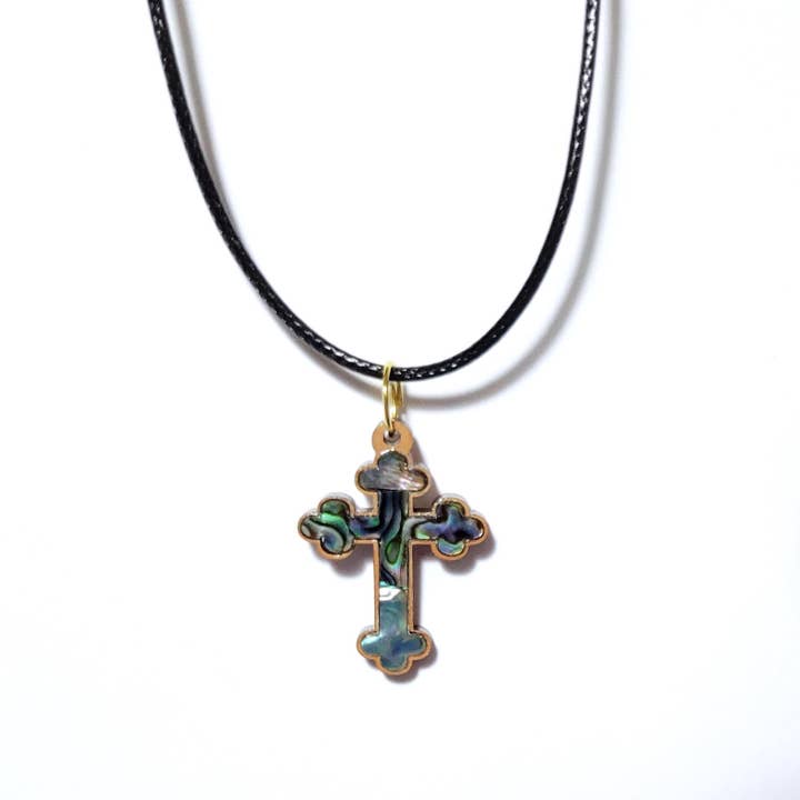 Eclectic Woodchuck - Wholesale Pendant/Charm Necklace - Bottoni Cross Abalone and Olive Wood Pendant