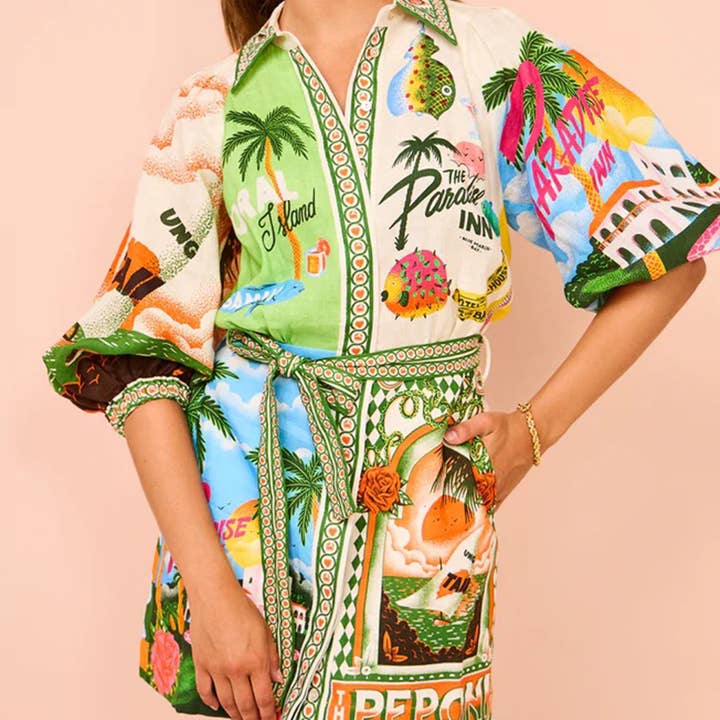 Colorful Vacation Print Mini Shirt Dress for wholesale by EmberLoom