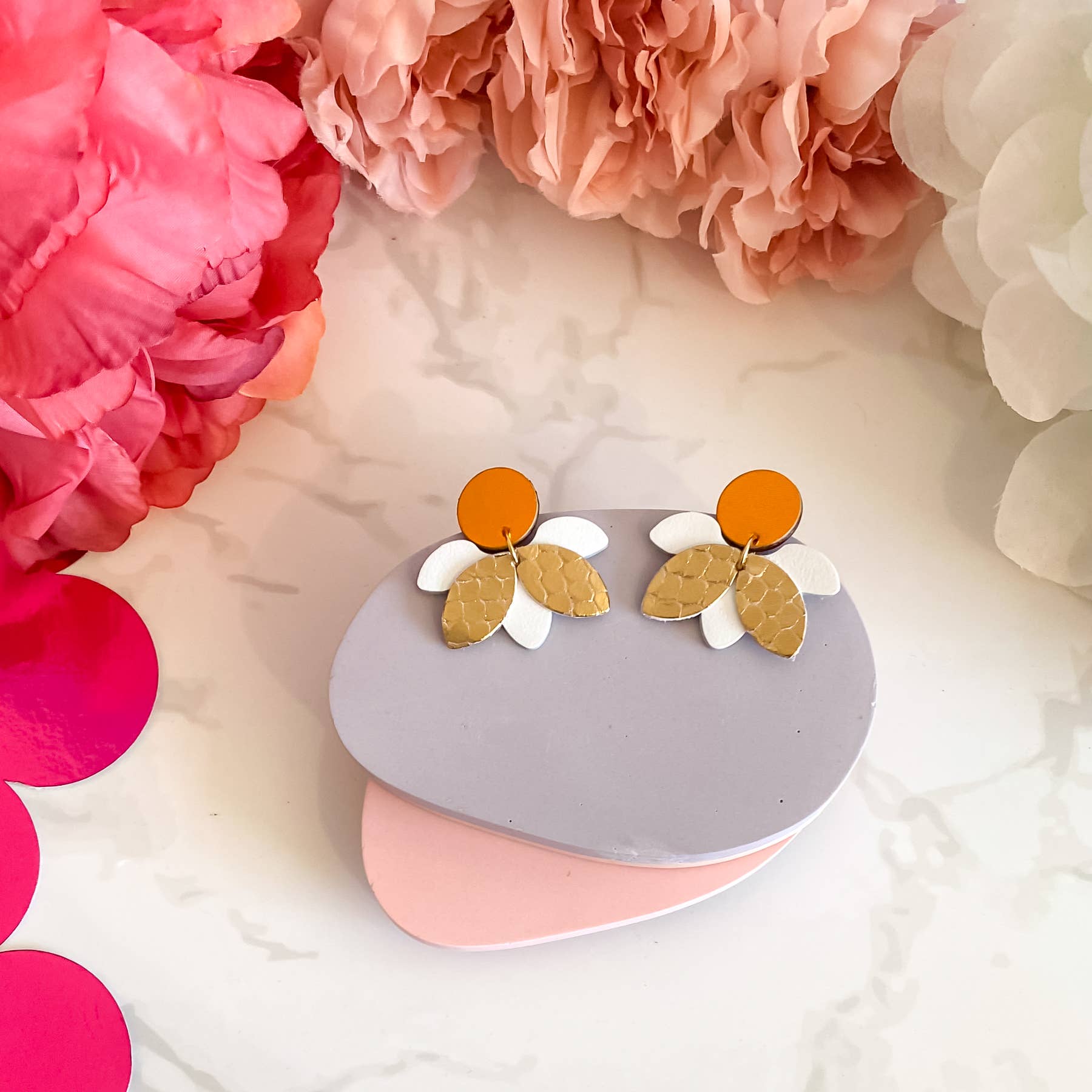 Manali - Wholesale Dangle Earrings - Flower earrings in orange, white, and gold leather1