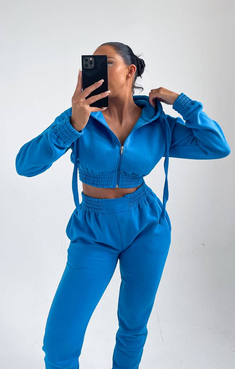 Femme Luxe - Wholesale Lounge Set - Women's - Blue Cropped Zip Front Elasticated Hem Hoodie And High Waisted Jogger Loungewear Set - Addisyn3
