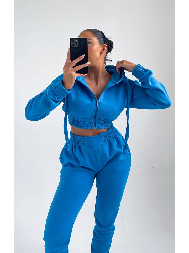 Femme Luxe - Wholesale Lounge Set - Women's - Blue Cropped Zip Front Elasticated Hem Hoodie And High Waisted Jogger Loungewear Set - Addisyn3
