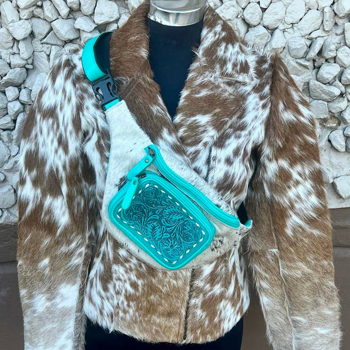 Western Linens - Wholesale Belt Bag - Women's - Turquoise Tooled Cowhide Sling bag/Fanny