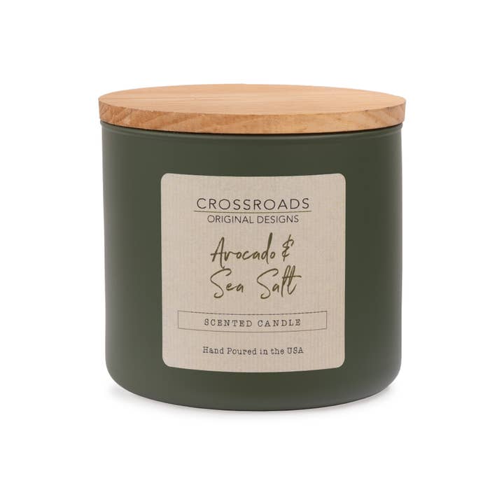 Avocado & Sea Salt - 14 oz. Colored Glass Candle for wholesale by Crossroads Original Designs