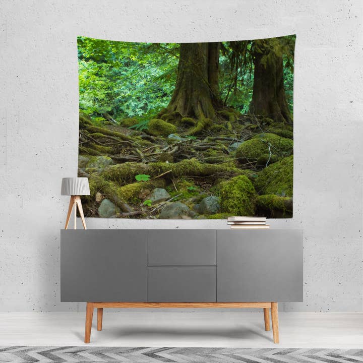 Tapiz de pared de la selva tropical de Oregón, escena de bosque cubierto de musgo para venta al por mayor de lostkatphoto