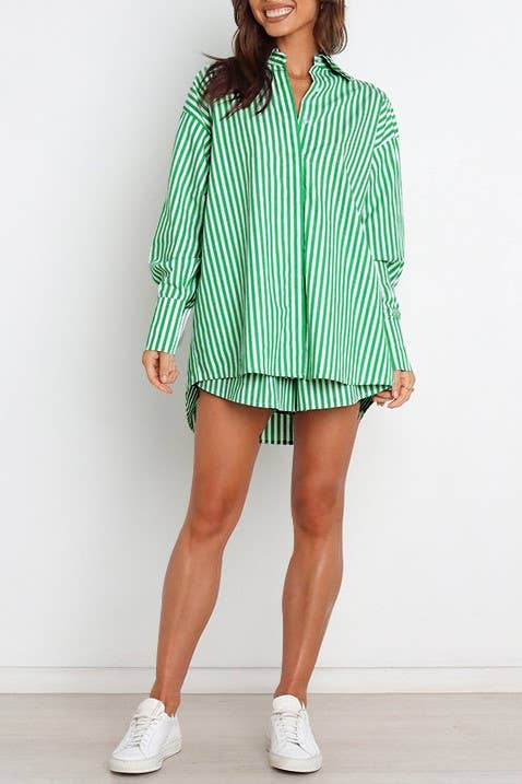 Rosa Clothing - Wholesale Top & Short Set (NOT Loungewear) - Women's - classic striped long sleeve shirt & short set holiday dressy30