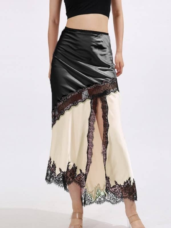 Satin Lace Trim Asymmetrical Midi Skirt for wholesale by 1 Fashion