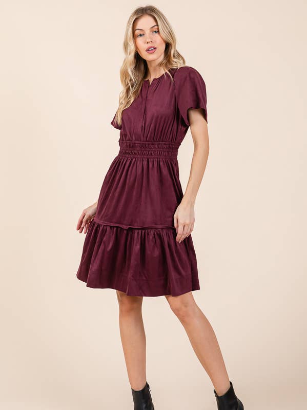 Mocha 2024 NEW - Suede Smocked Waist Short Sleeve Dress for wholesale on Faire
