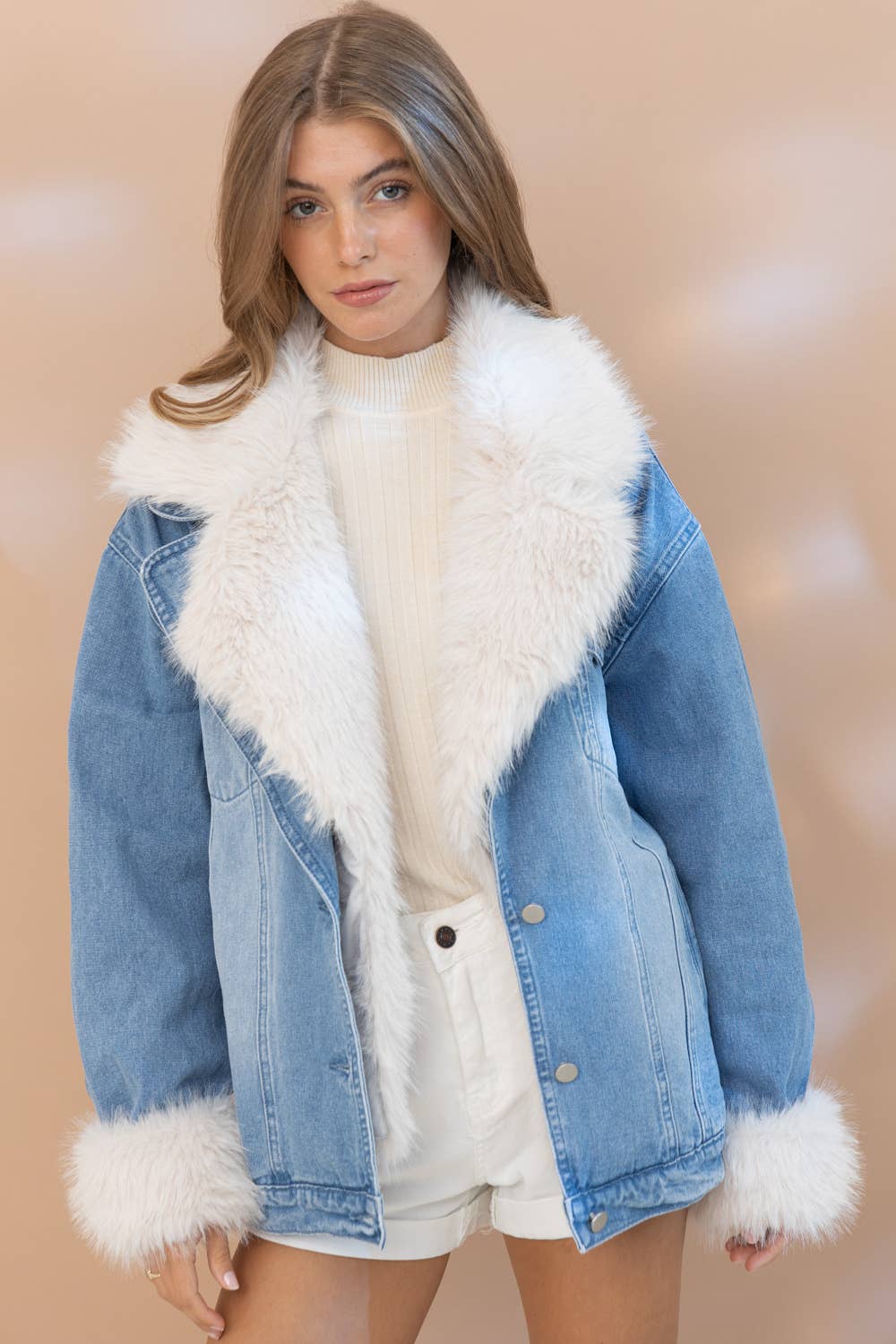 17576J - Fur Collard Cuff Over sized Washed Denim Jacket for wholesale on Faire2