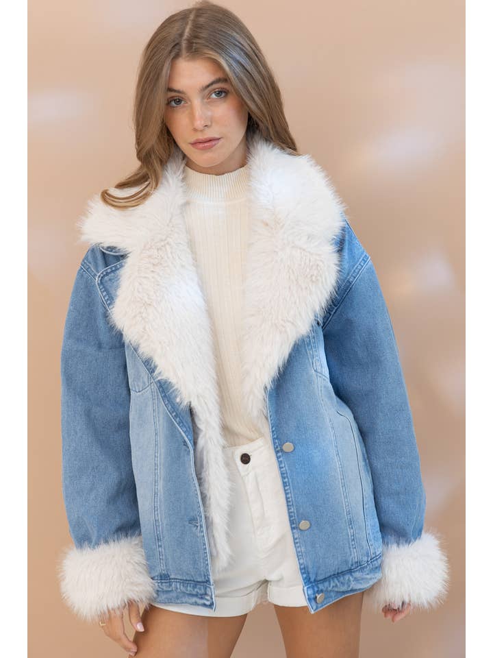 17576J - Fur Collard Cuff Over sized Washed Denim Jacket for wholesale on Faire2